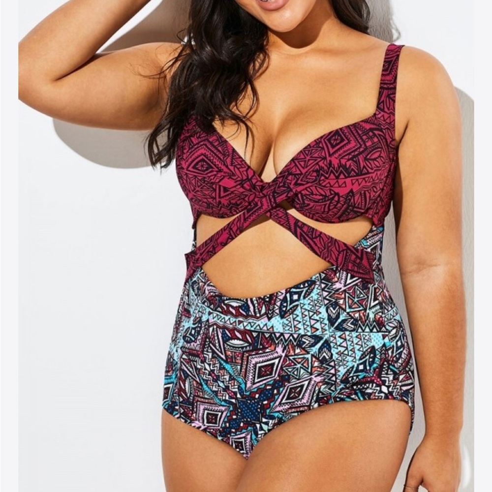 BOGO* Meet Curve Plus Size Cutout One Piece Swim geometric pattern